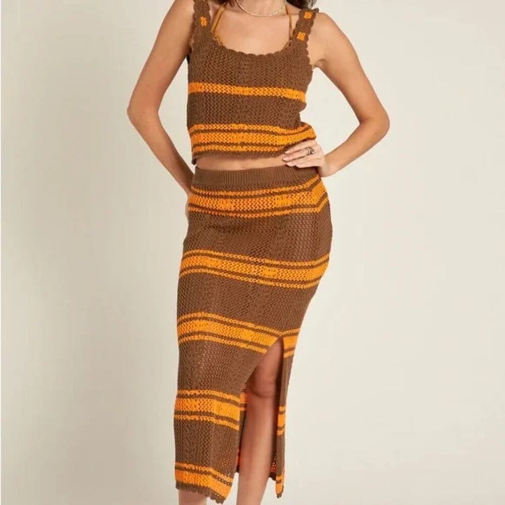 En Creme Boutique Brown Boho Orange Knit Tank & Midi Skirt Crochet Set NWT S